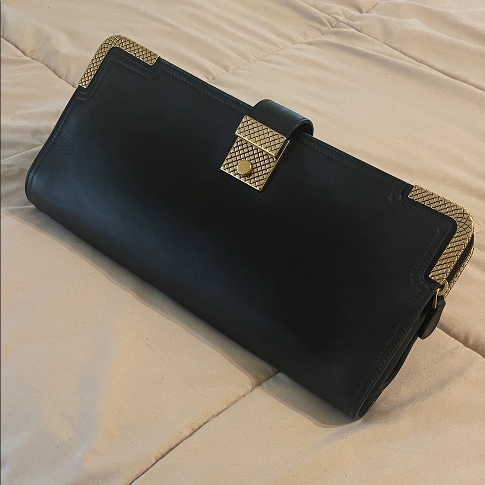 Bottega Veneta Black Leather Clutch with Gold Accents